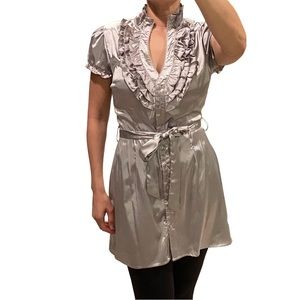 Forever21 Silver Ruffle Festive Long Tunic Blouse with Tie